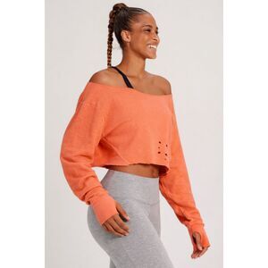 Niyama Sol Coral Distressed Off Shoulder Sweatshirt Raw Hem Thumbholes Size M